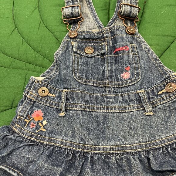 OshKosh B'Gosh 12M Denim Ruffle Floral Embroidered Jean Overall Dress - Picture 2 of 5